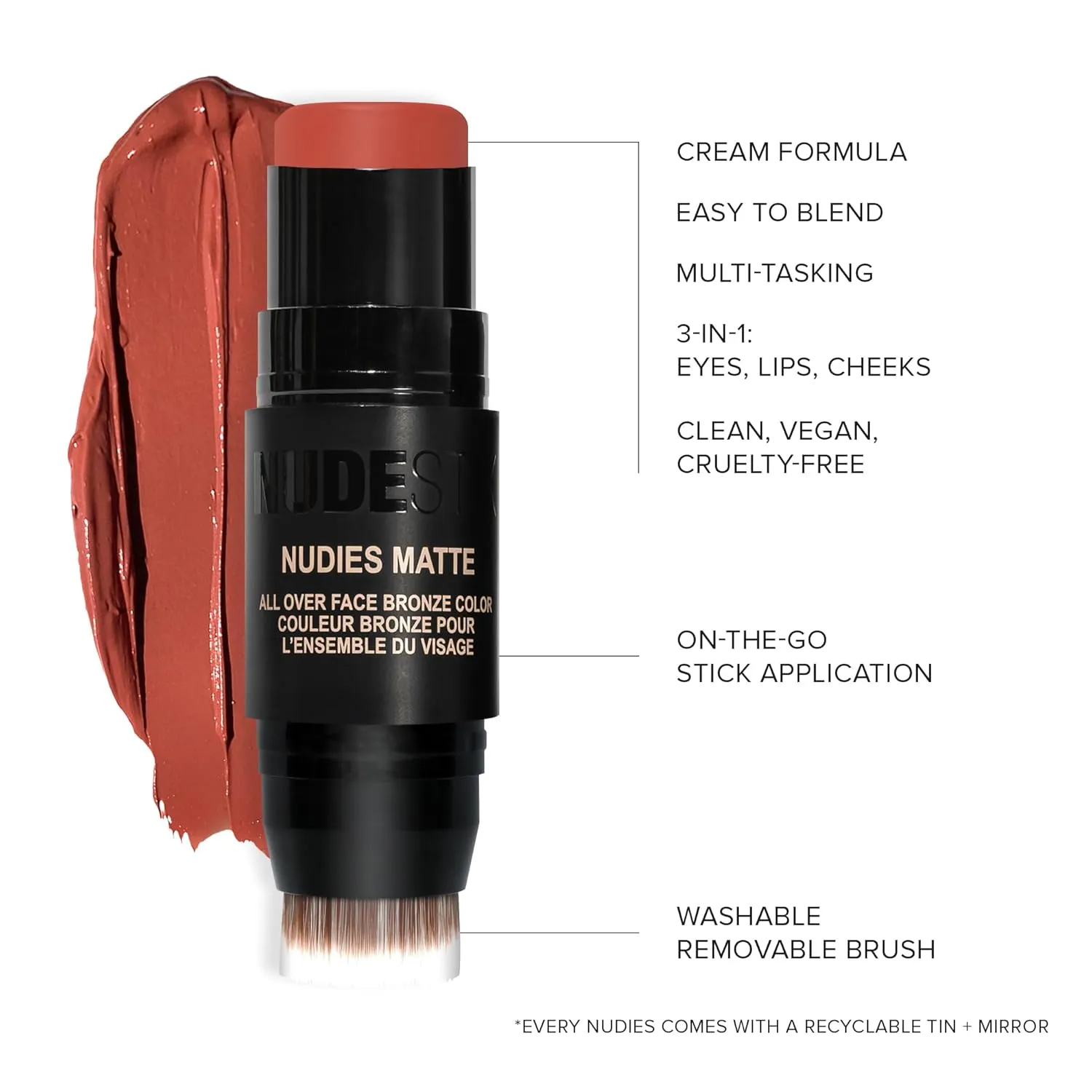 Nudestix Nudies Matte Cream Bronzer 3-in-1 All Over Face Colour for Face, Eyes, and Lips w/Blending Brush (Beach Babe)