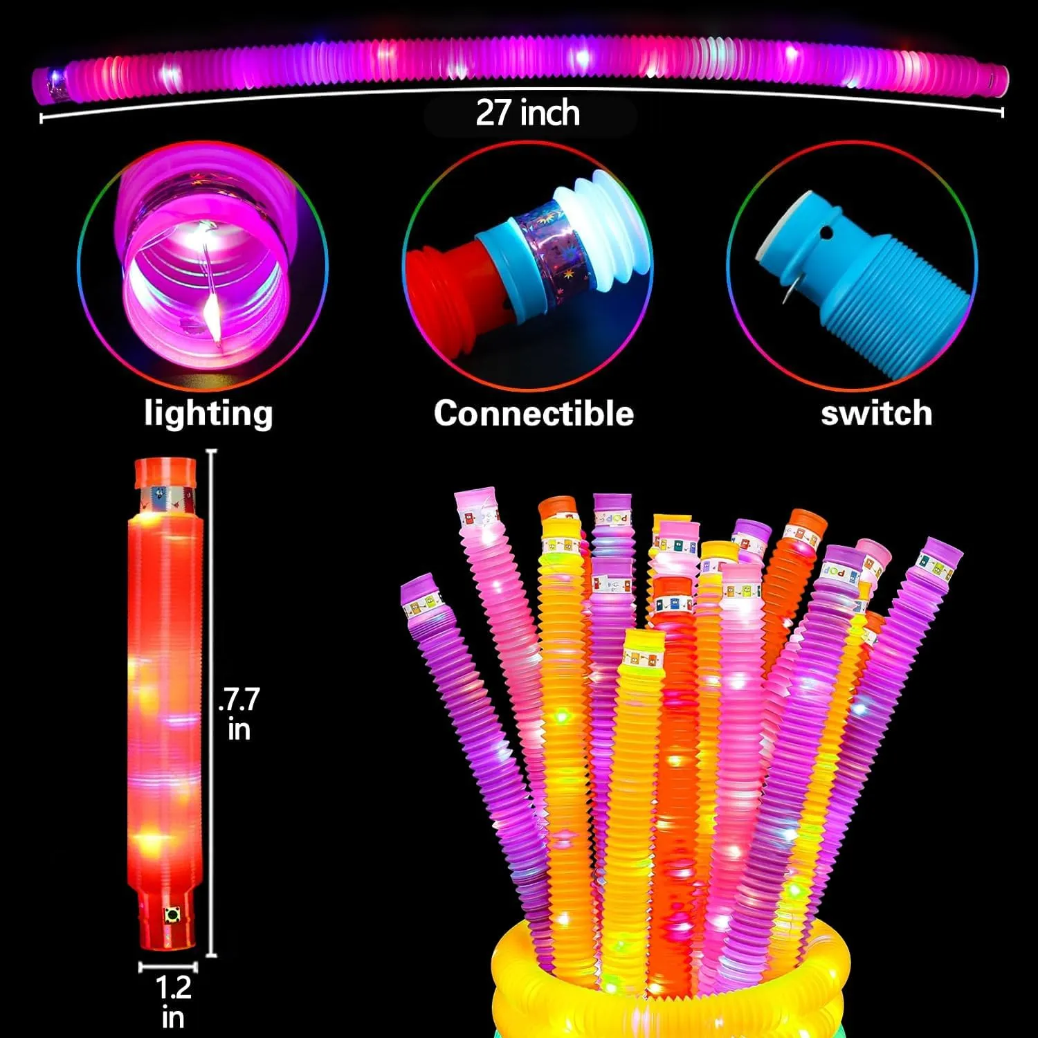 OceanWings 24PC Lights up Pop Tube Set for Kids Adults,Stretchy Tube Stress Relief Fidget Toys for Easter Day Classroom Prizes Birthda Concert Party Favor Supplies Treats for Boys Girls Toddlers