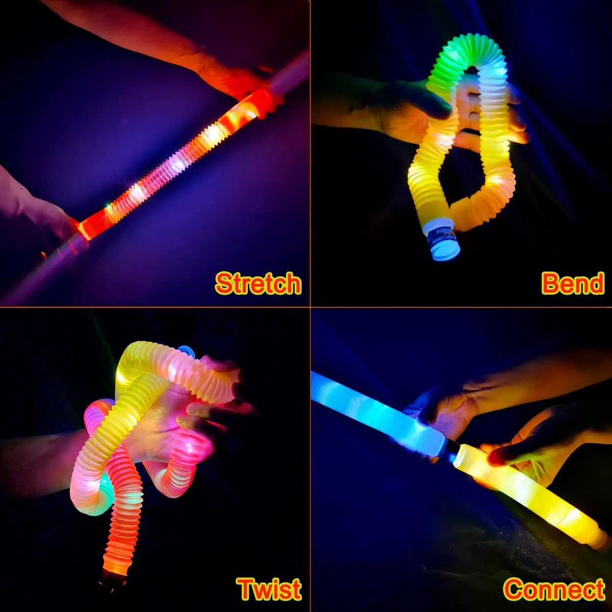 OceanWings 24PC Lights up Pop Tube Set for Kids Adults,Stretchy Tube Stress Relief Fidget Toys for Easter Day Classroom Prizes Birthda Concert Party Favor Supplies Treats for Boys Girls Toddlers