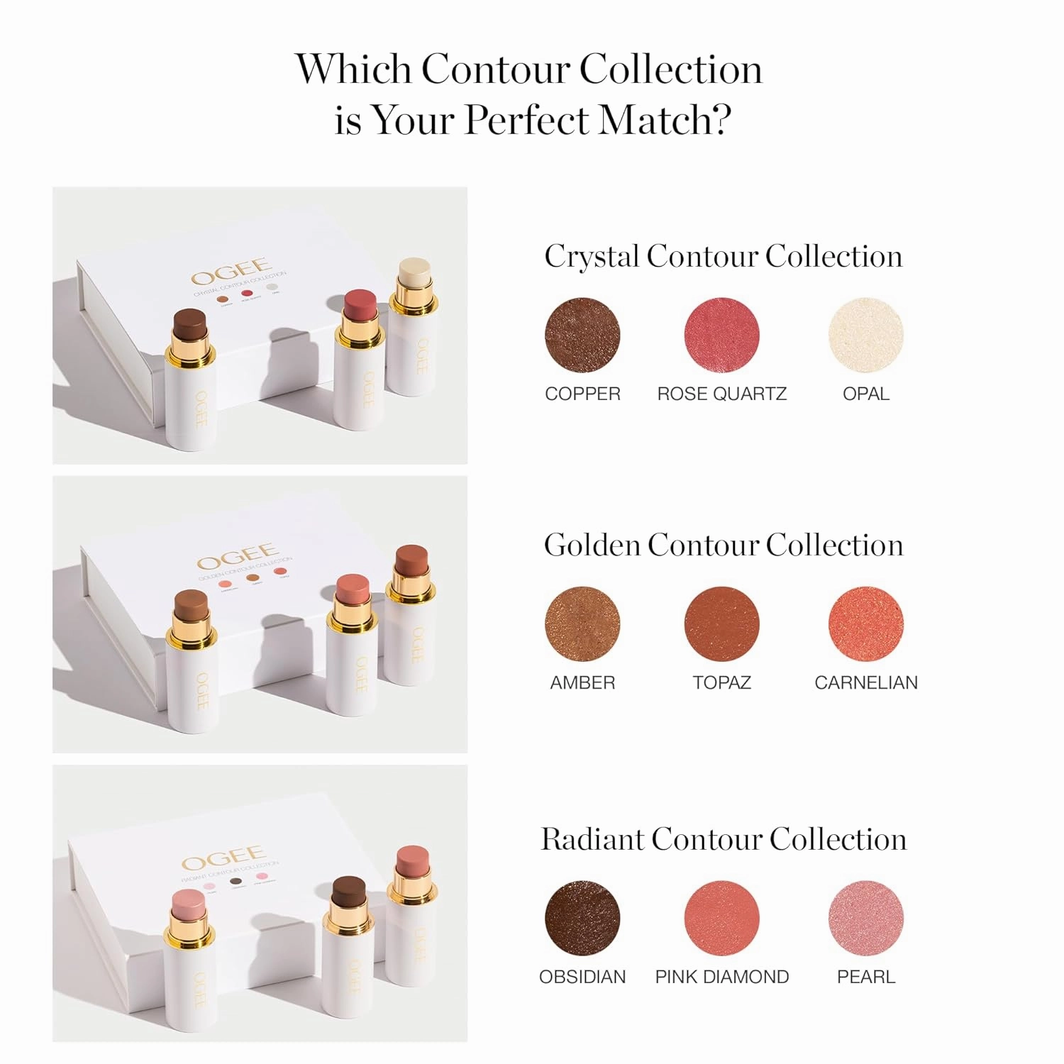 Ogee Face Stick Crystal Collection Trio - Contour Stick Makeup Collection - Certified Organic Contour Palette - Includes Bronzer Stick, Blush Stick & Highlighter Stick