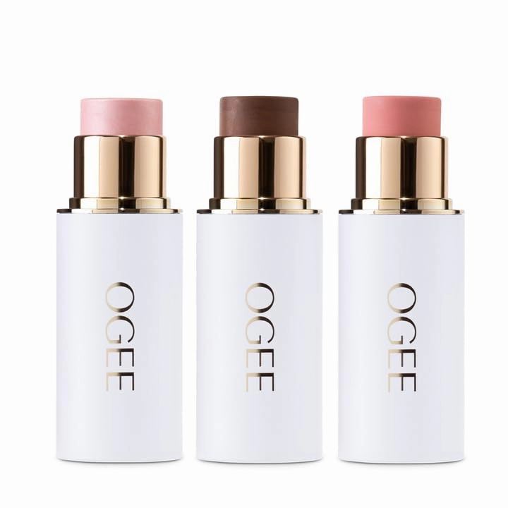 Ogee Face Stick Crystal Collection Trio - Contour Stick Makeup Collection - Certified Organic Contour Palette - Includes Bronzer Stick, Blush Stick & Highlighter Stick