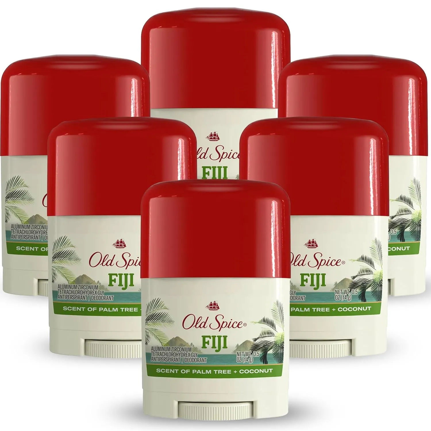 Old Spice Fiji Antiperspirant Deodorant for Men, 6 Pack, Palm Tree and Coconut Long lasting Scent, 24/7 Sweat and Odor Protection, Mini Travel Size 0.5oz