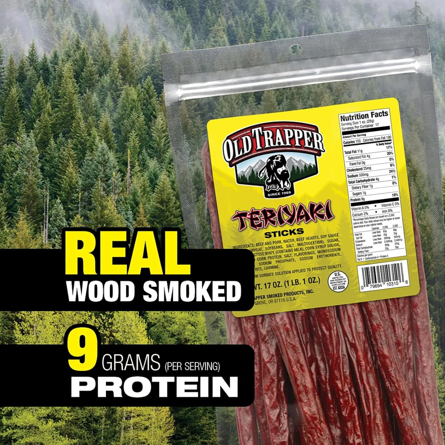 Old Trapper Teriyaki Snack Sticks, 17-Ounce Resealable Bag, Natural Wood Smoked Meat Sticks, 9 Grams of Protein and 150 Calories per Ounce (Pack of One)