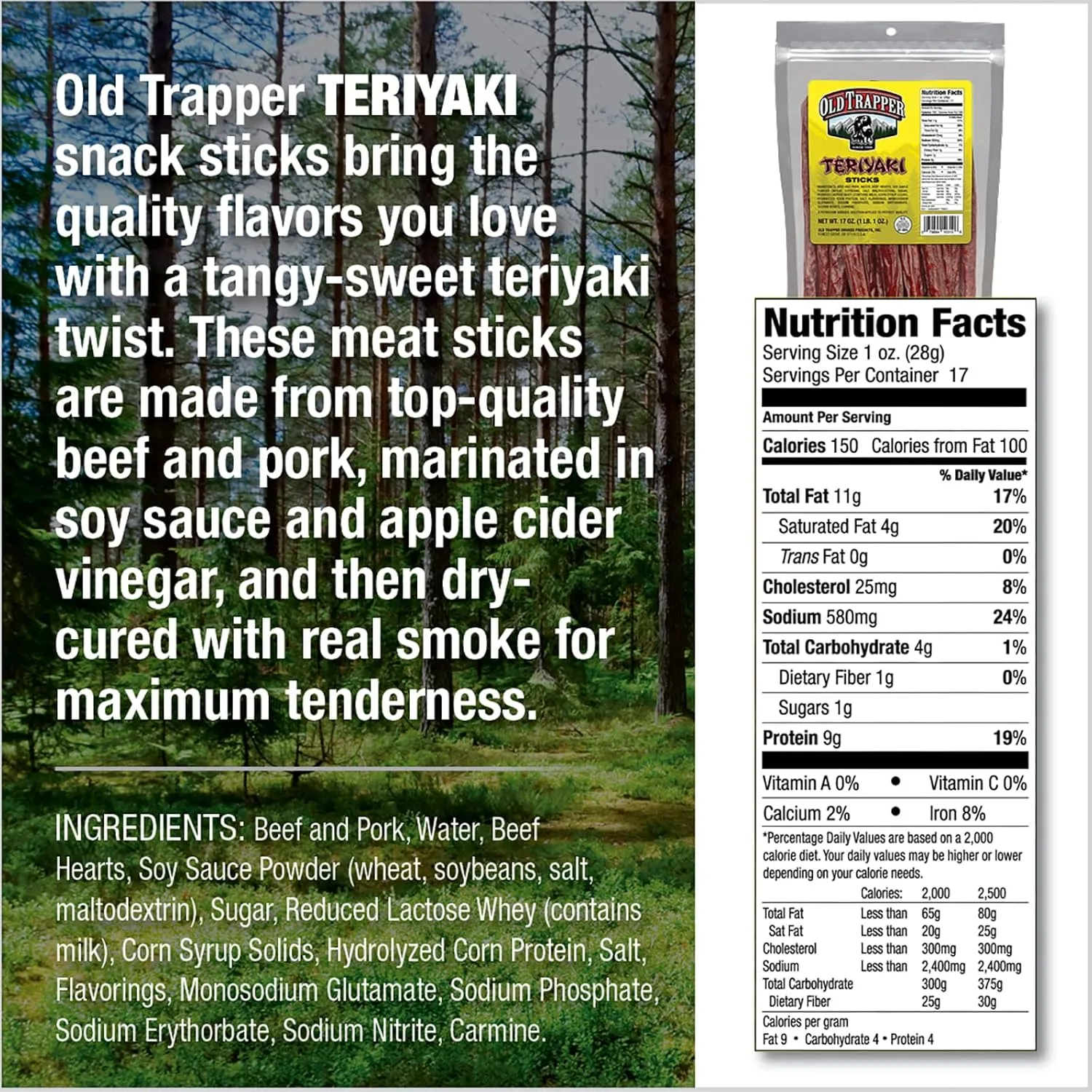 Old Trapper Teriyaki Snack Sticks, 17-Ounce Resealable Bag, Natural Wood Smoked Meat Sticks, 9 Grams of Protein and 150 Calories per Ounce (Pack of One)