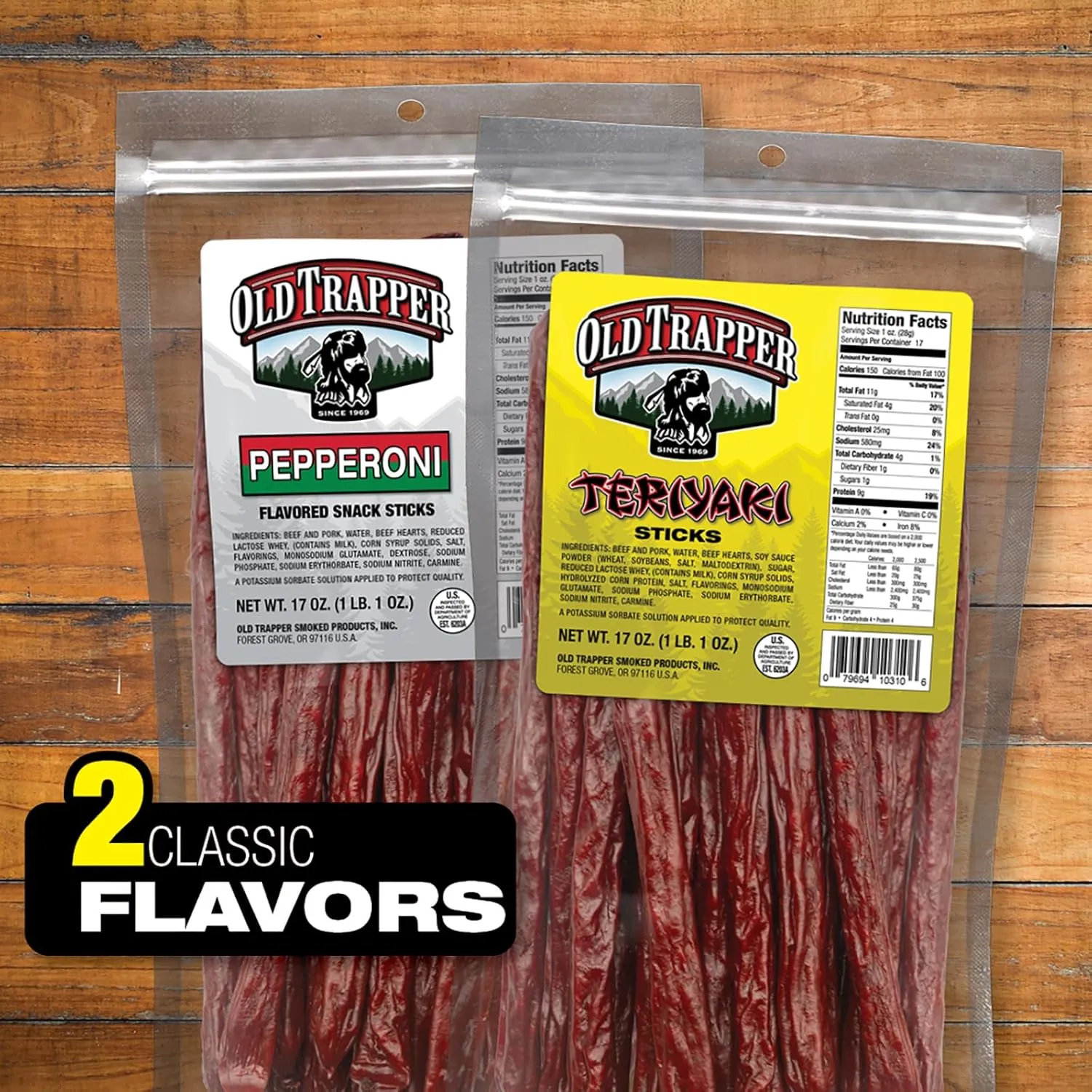 Old Trapper Teriyaki Snack Sticks, 17-Ounce Resealable Bag, Natural Wood Smoked Meat Sticks, 9 Grams of Protein and 150 Calories per Ounce (Pack of One)
