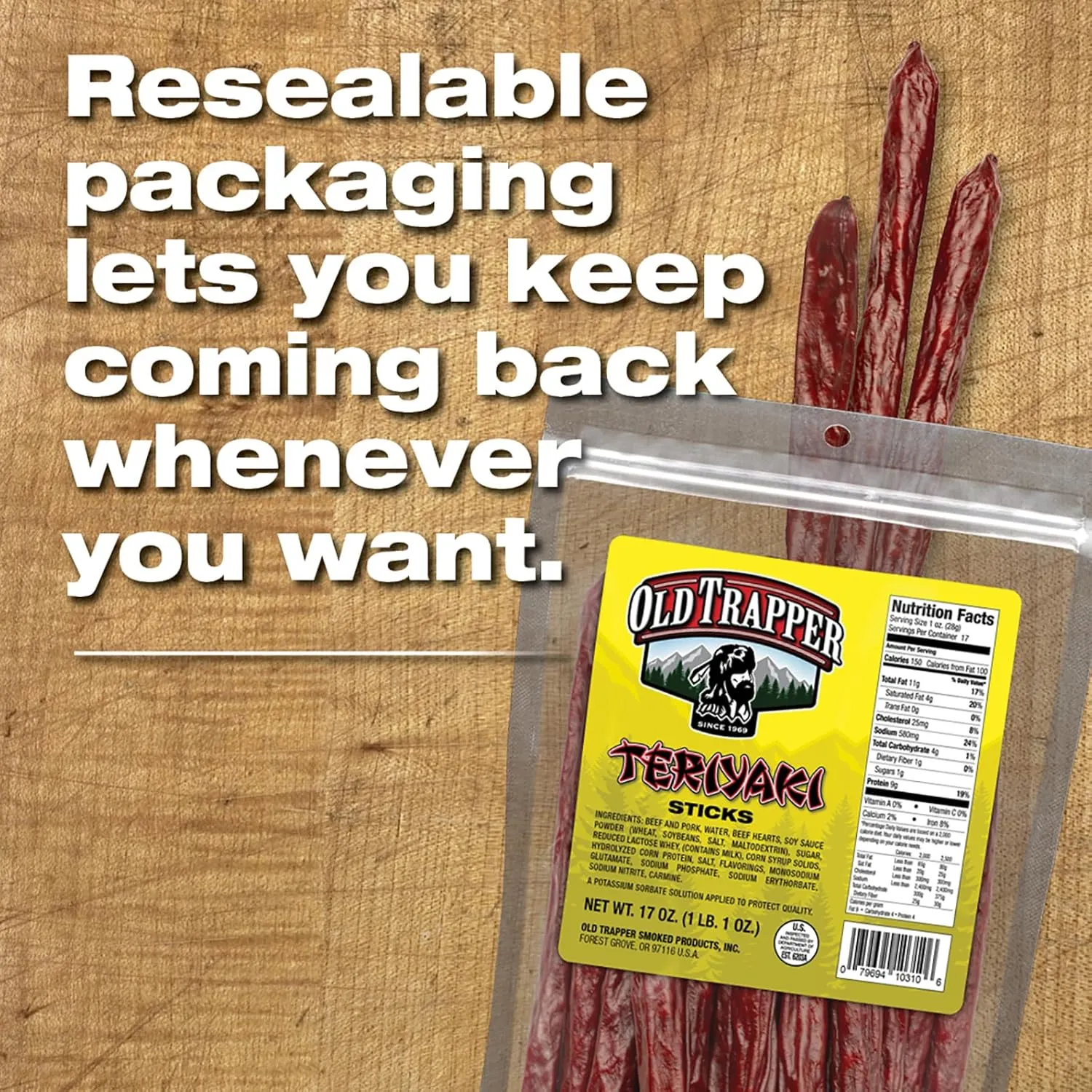 Old Trapper Teriyaki Snack Sticks, 17-Ounce Resealable Bag, Natural Wood Smoked Meat Sticks, 9 Grams of Protein and 150 Calories per Ounce (Pack of One)