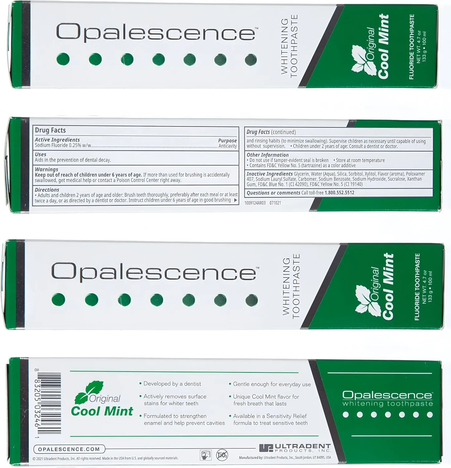 Opalescence Whitening Toothpaste - Pack of 6 - Fluoride Oral Care - 4.7 Oz - Cool Mint - TP-5166-6