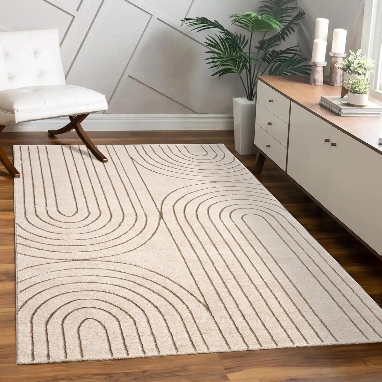 Paco Home Area Rug Boho Arch Pattern with Carved Lines in Beige Cream, Size: 2'8" x 4'11"