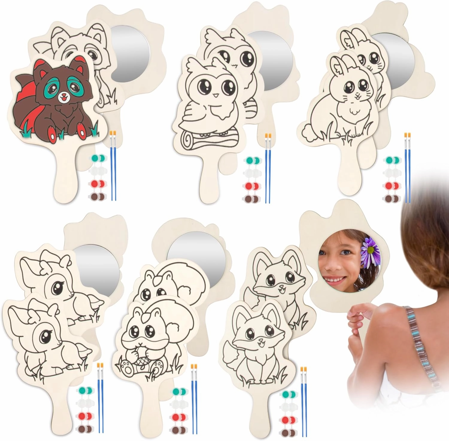Paint Your Own Mirror Kids Party Craft Kits (12 Forest Friends Wood Mirrors) - Each Kit Has its Own Brush & Paint - Fun, Unique Birthday Favors, Summer Camp Art Activity, Classroom School Project