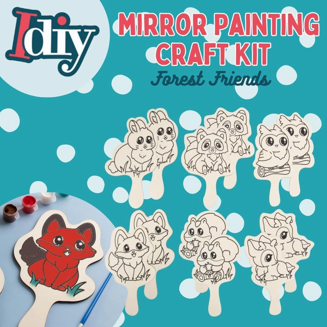 Paint Your Own Mirror Kids Party Craft Kits (12 Forest Friends Wood Mirrors) - Each Kit Has its Own Brush & Paint - Fun, Unique Birthday Favors, Summer Camp Art Activity, Classroom School Project