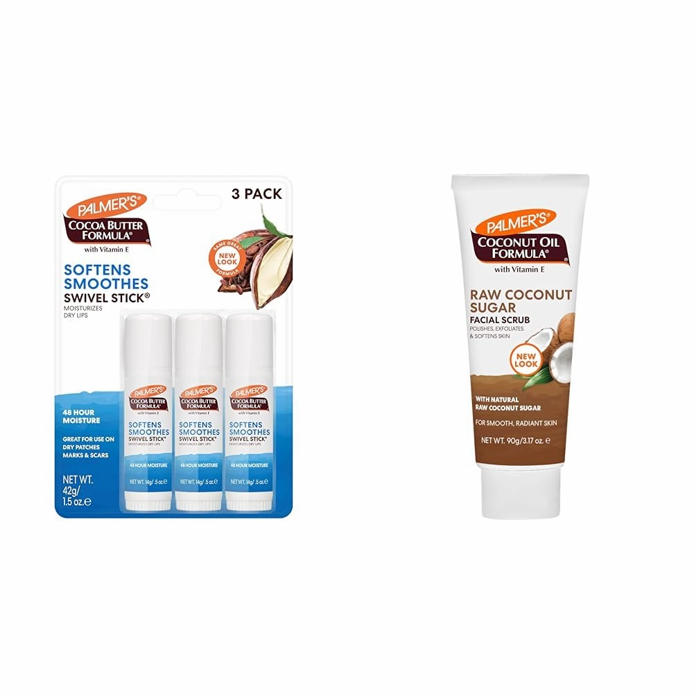 Palmer's Cocoa Butter Moisturizing Swivel Stick Pack of 3 & Coconut Sugar Facial Scrub Exfoliator Pack of 1 Skincare Bundle