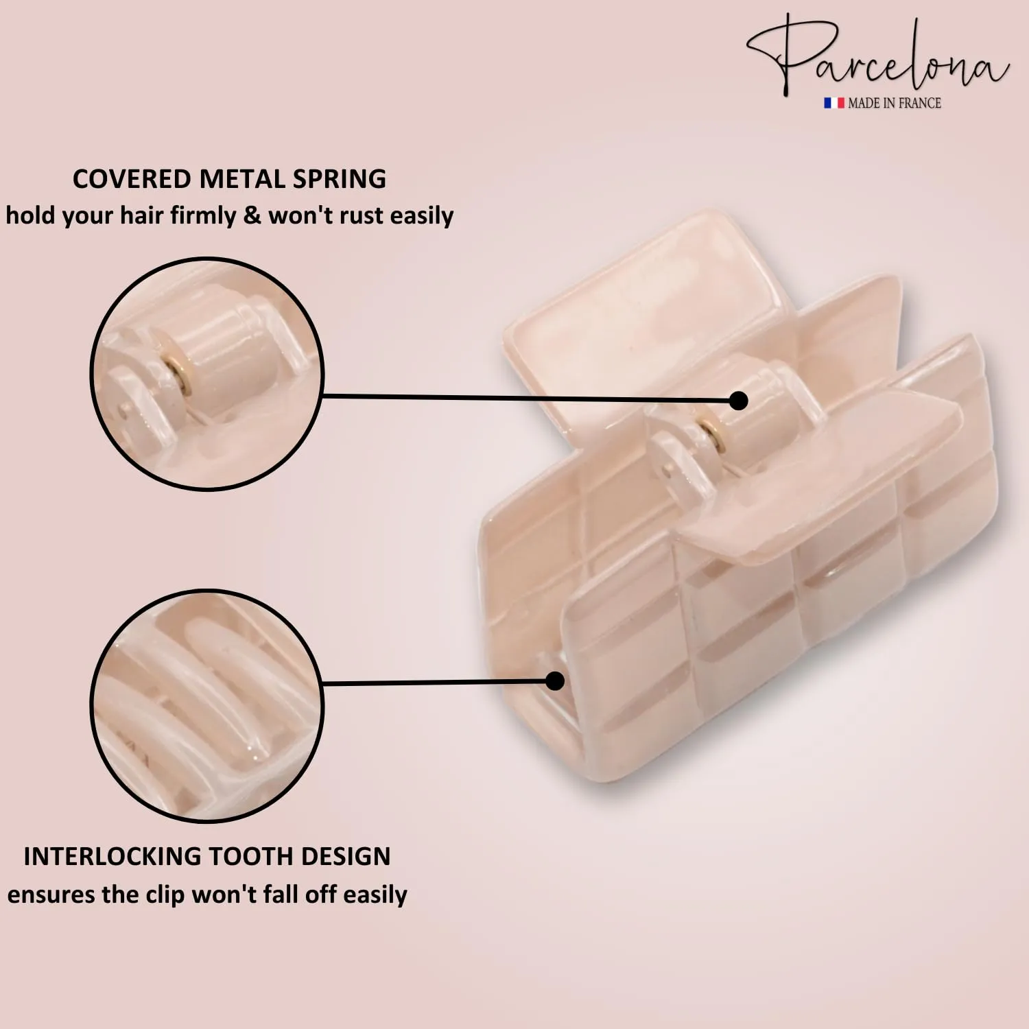 Parcelona French Checkered Small 2 1/4" Celluloid Acetate Set of 2 No Slip Grip Strong Hold Jaw Hair Claw Clips for Women (Blush Pink and White)