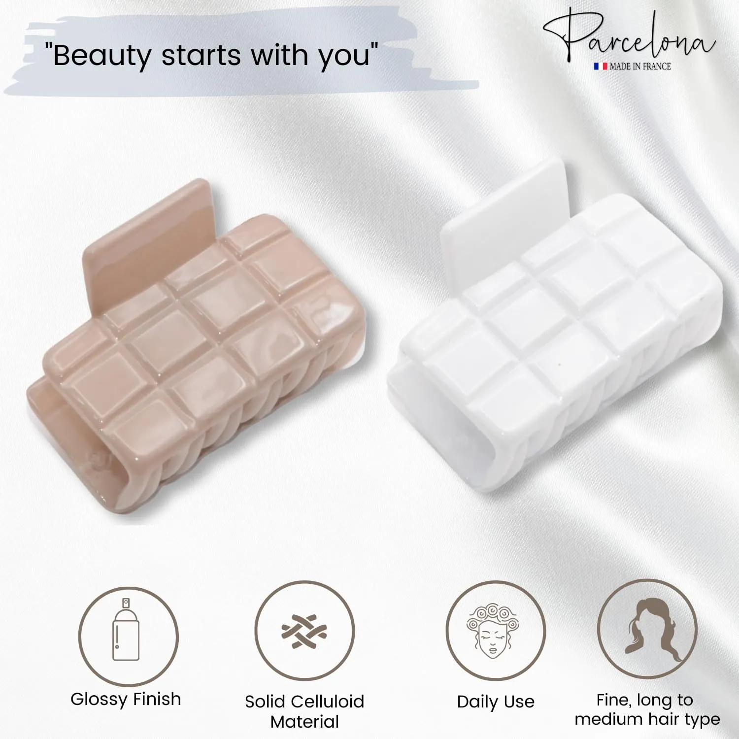 Parcelona French Checkered Small 2 1/4" Celluloid Acetate Set of 2 No Slip Grip Strong Hold Jaw Hair Claw Clips for Women (Blush Pink and White)