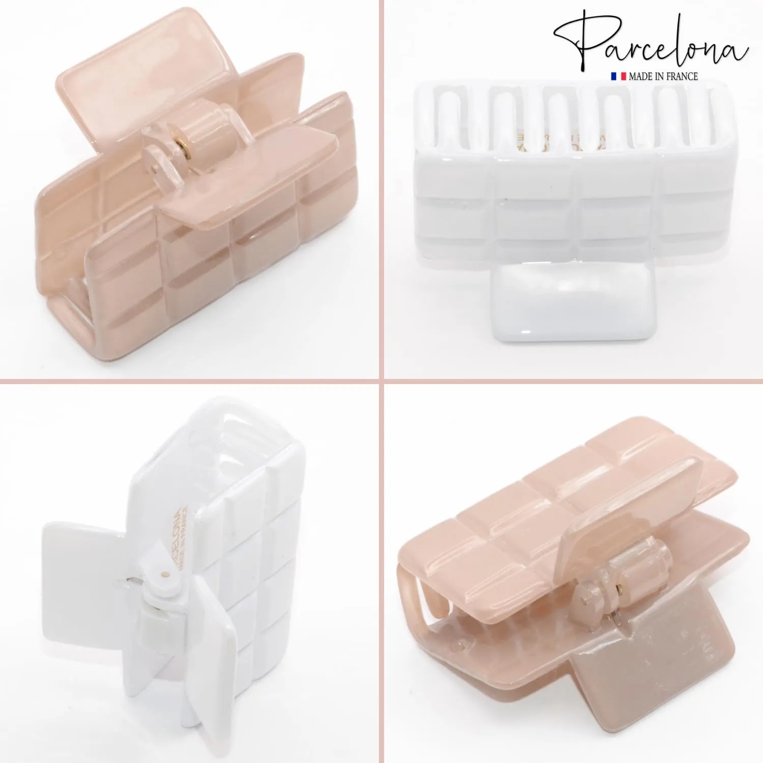 Parcelona French Checkered Small 2 1/4" Celluloid Acetate Set of 2 No Slip Grip Strong Hold Jaw Hair Claw Clips for Women (Blush Pink and White)