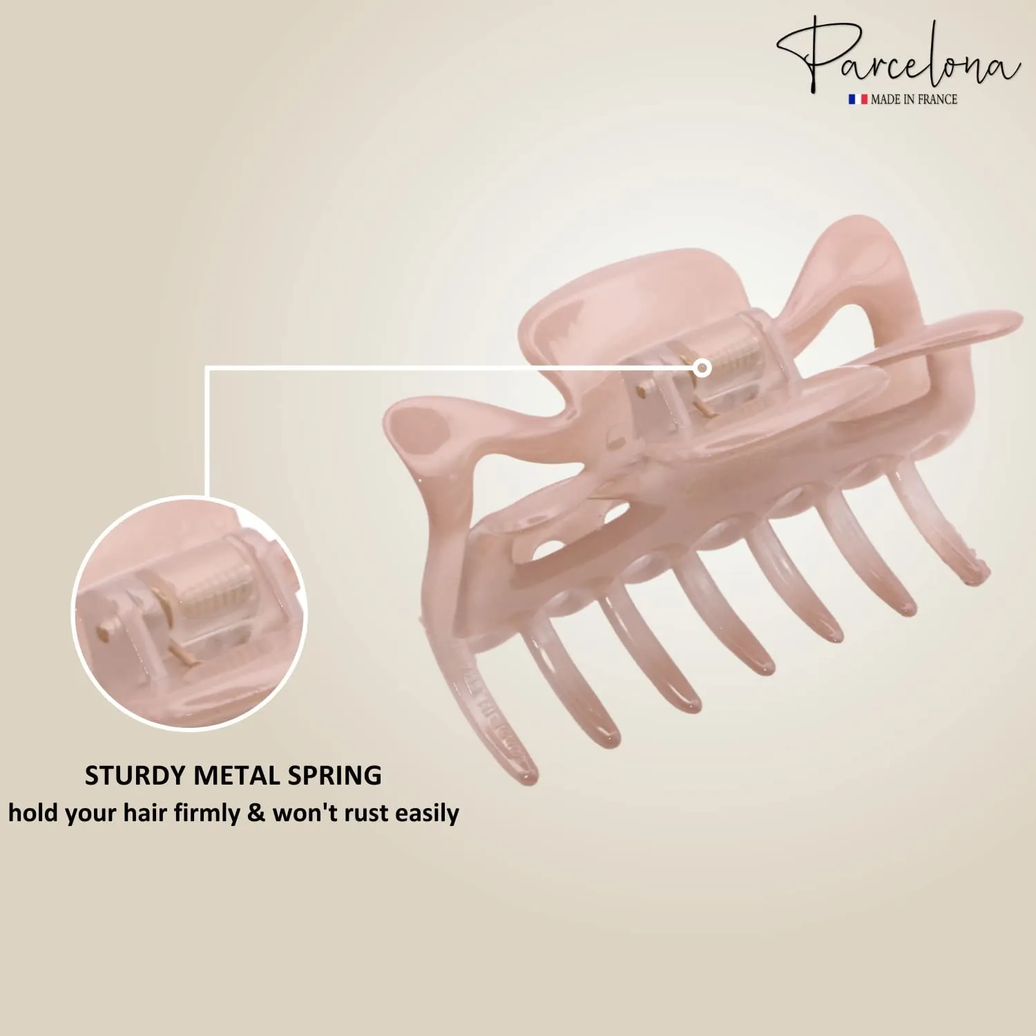 Parcelona French Classic Medium 3" Celluloid No Slip Grip Jaw Hair Claw Durable Styling Hair Accessories Women Strong Hold Girls Hair Claw Clips, Made in France (Blush Pink-Tortoise Shell)