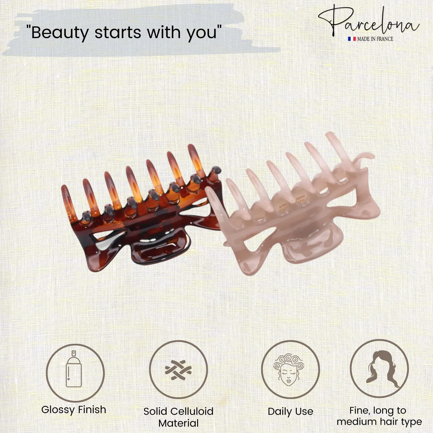 Parcelona French Classic Medium 3" Celluloid No Slip Grip Jaw Hair Claw Durable Styling Hair Accessories Women Strong Hold Girls Hair Claw Clips, Made in France (Blush Pink-Tortoise Shell)