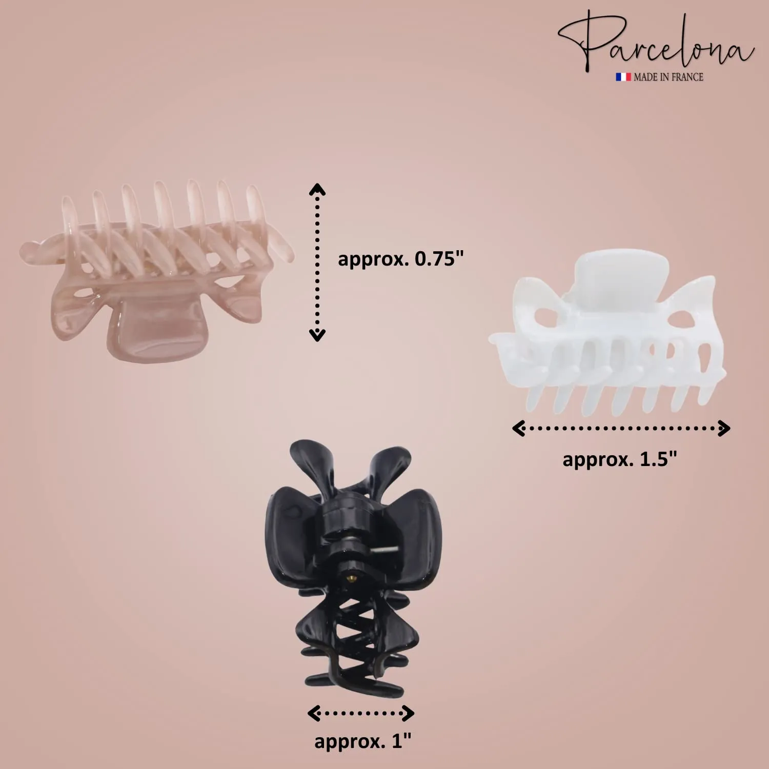 Parcelona French Classic Very Small 1 1/2" Claw Clips with Tight Spring Set of 3 Girls Hair Jaw Claw Clips Durable Styling Women Hair Accessories, Made in France (Blush Pink Black White)