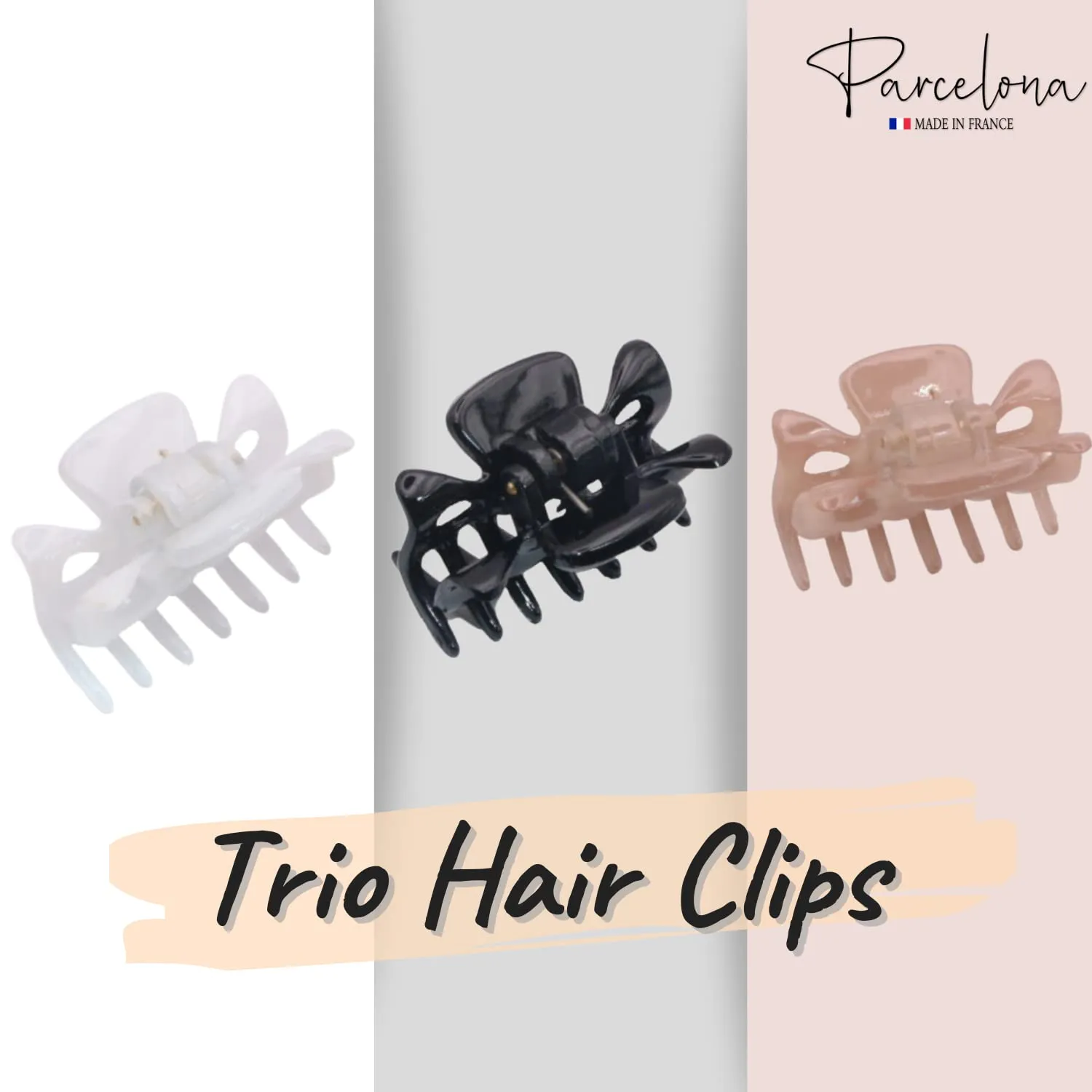 Parcelona French Classic Very Small 1 1/2" Claw Clips with Tight Spring Set of 3 Girls Hair Jaw Claw Clips Durable Styling Women Hair Accessories, Made in France (Blush Pink Black White)