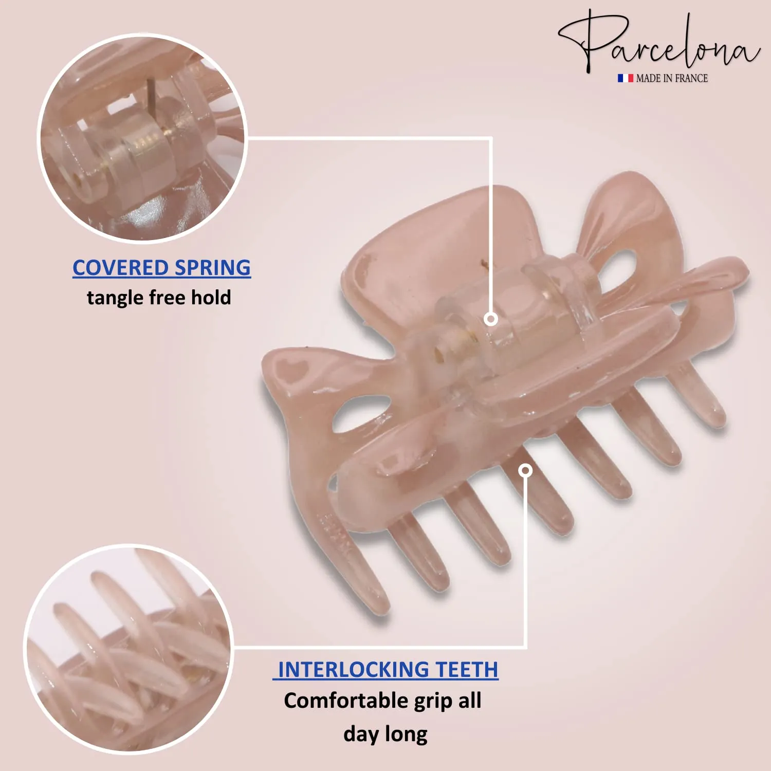 Parcelona French Classic Very Small 1 1/2" Claw Clips with Tight Spring Set of 3 Girls Hair Jaw Claw Clips Durable Styling Women Hair Accessories, Made in France (Blush Pink Black White)