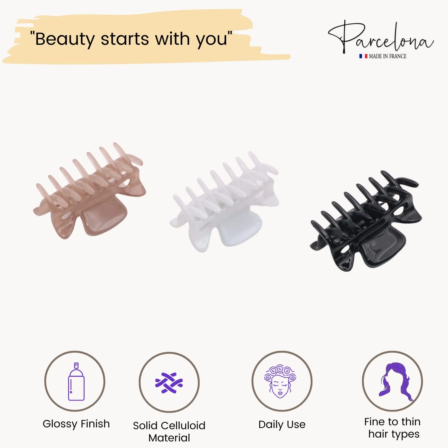 Parcelona French Classic Very Small 1 1/2" Claw Clips with Tight Spring Set of 3 Girls Hair Jaw Claw Clips Durable Styling Women Hair Accessories, Made in France (Blush Pink Black White)