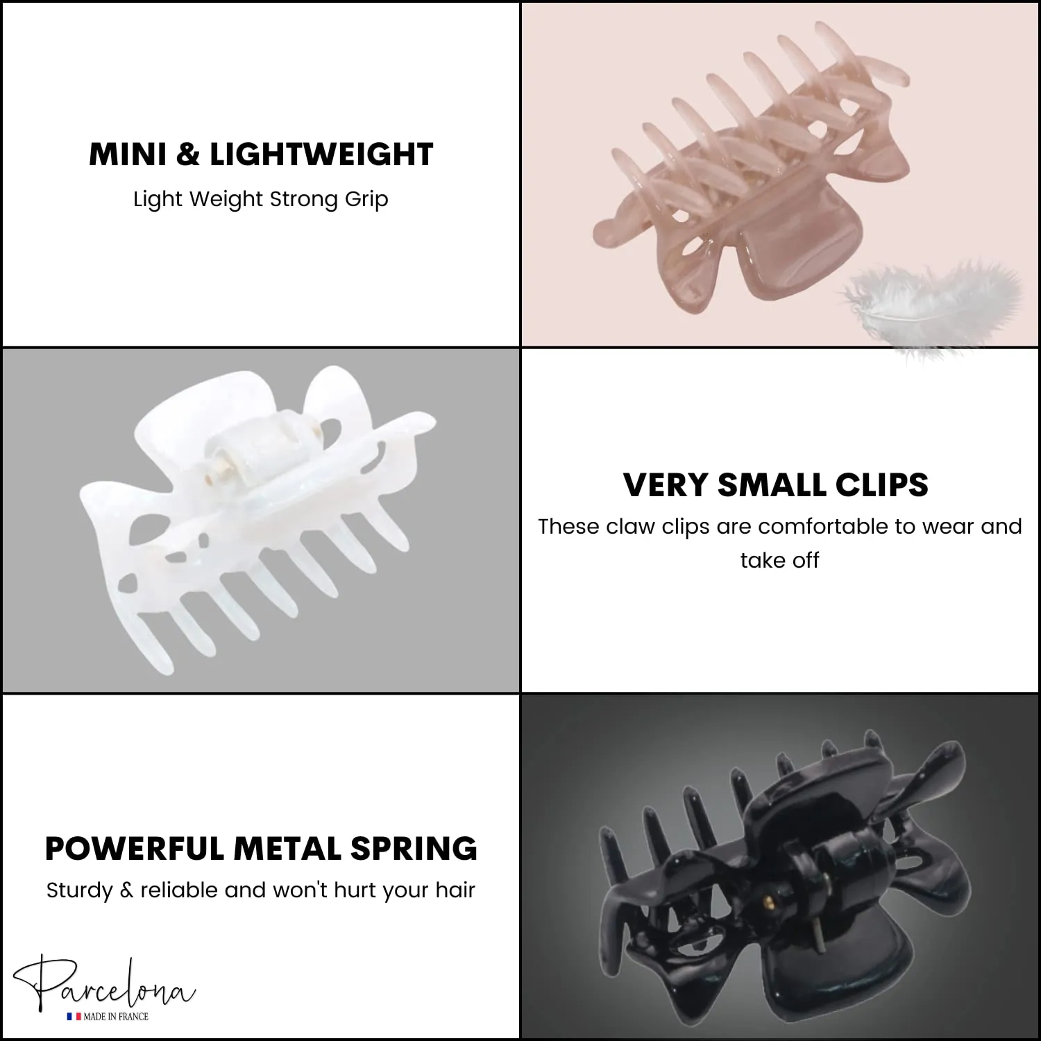 Parcelona French Classic Very Small 1 1/2" Claw Clips with Tight Spring Set of 3 Girls Hair Jaw Claw Clips Durable Styling Women Hair Accessories, Made in France (Blush Pink Black White)