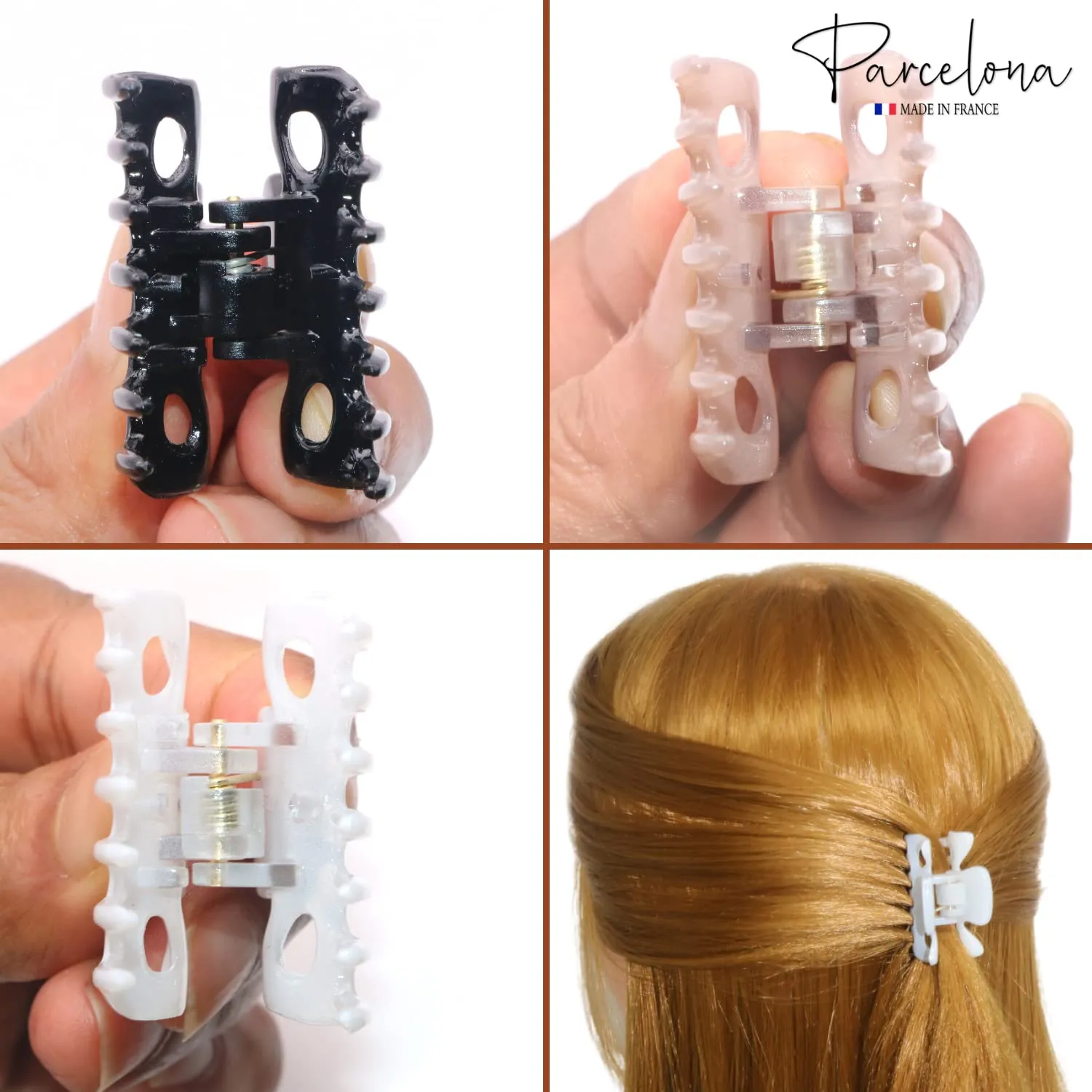 Parcelona French Classic Very Small 1 1/2" Claw Clips with Tight Spring Set of 3 Girls Hair Jaw Claw Clips Durable Styling Women Hair Accessories, Made in France (Blush Pink Black White)
