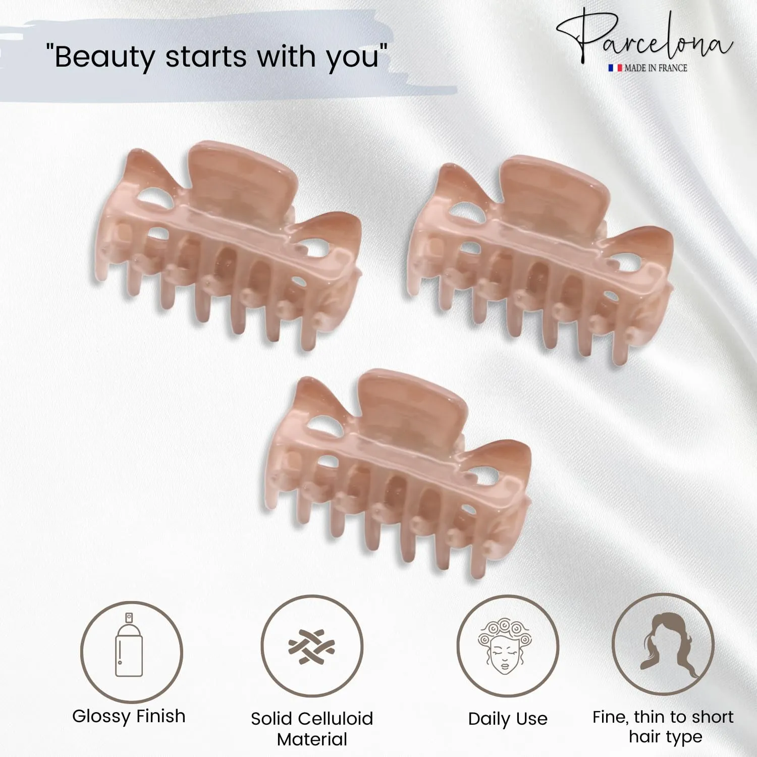 Parcelona French Classic Very Small 1 1/2" Claw Clips with Tight Spring Set of 3 Girls Hair Jaw Claw Clips Durable Styling Women Hair Accessories, Made in France (Blush Pink)