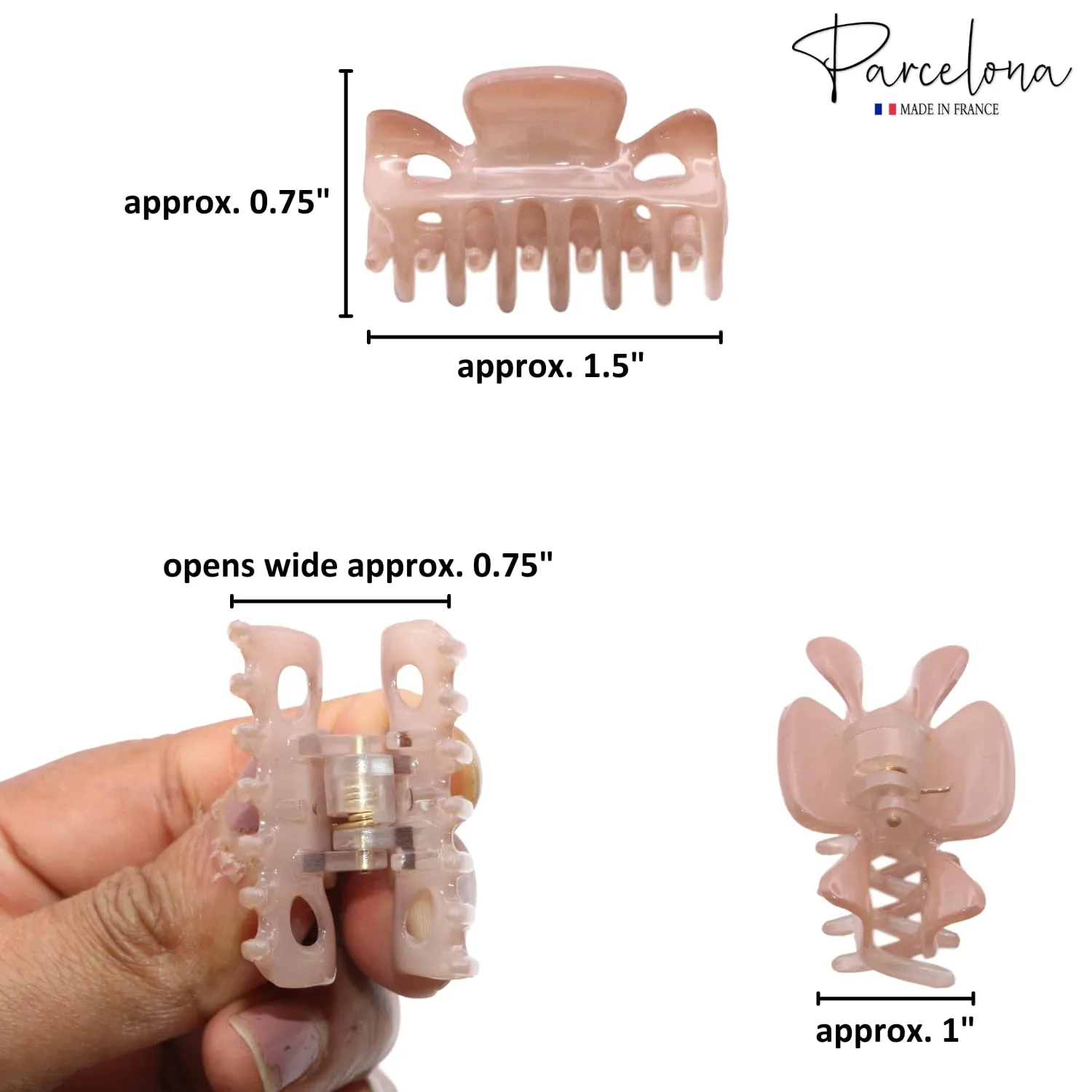 Parcelona French Classic Very Small 1 1/2" Claw Clips with Tight Spring Set of 3 Girls Hair Jaw Claw Clips Durable Styling Women Hair Accessories, Made in France (Blush Pink)