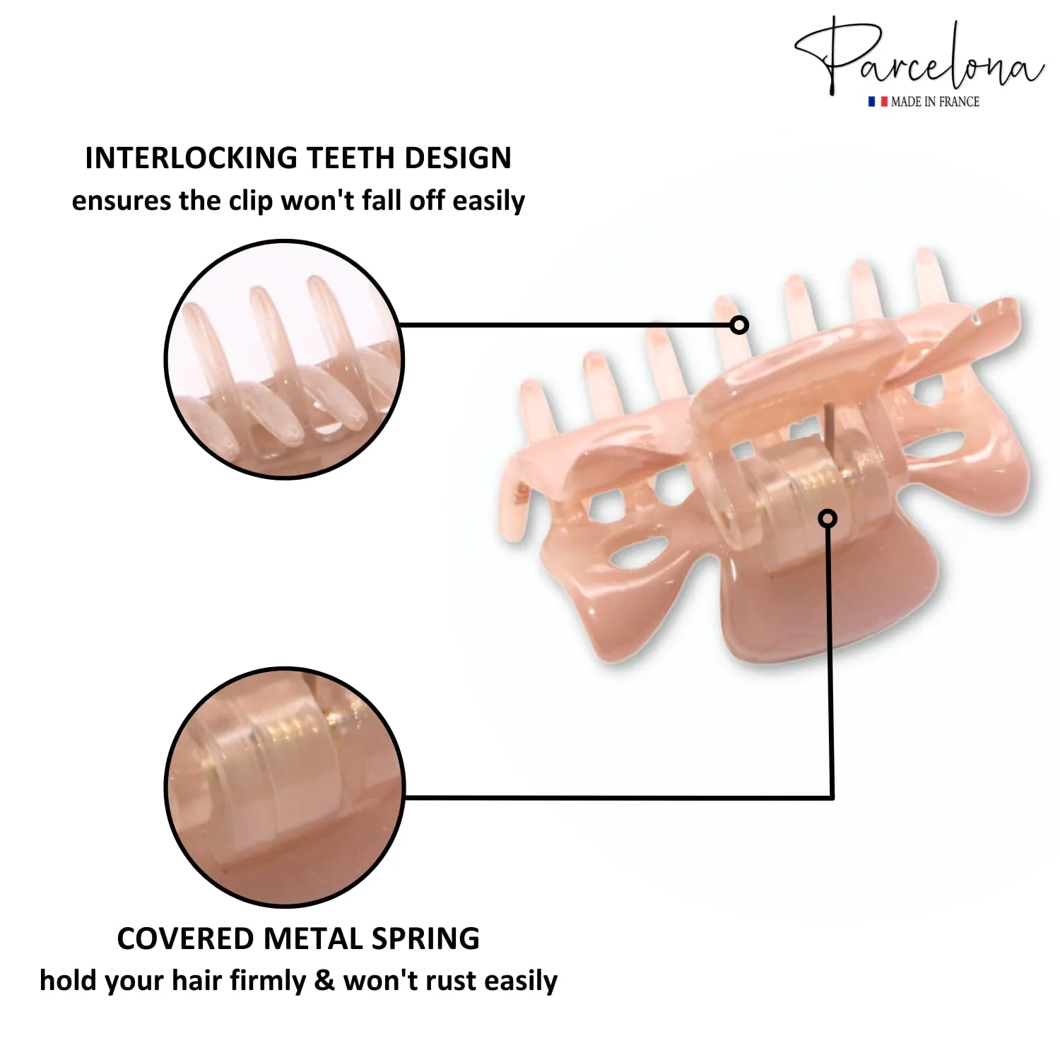 Parcelona French Classic Very Small 1 1/2" Claw Clips with Tight Spring Set of 3 Girls Hair Jaw Claw Clips Durable Styling Women Hair Accessories, Made in France (Blush Pink)