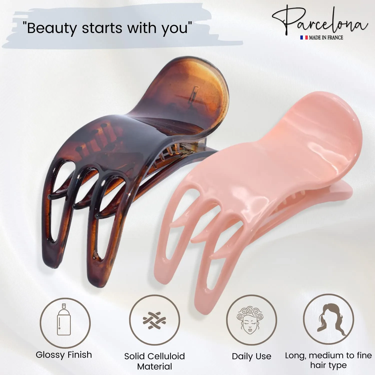 Parcelona French Simply Bear Paw Medium 3” Celluloid Acetate Set of 2 Side Slide In Jaw Yoga Fine Hair Claw Clip for Women and Girls (Blush Pink and Brown)