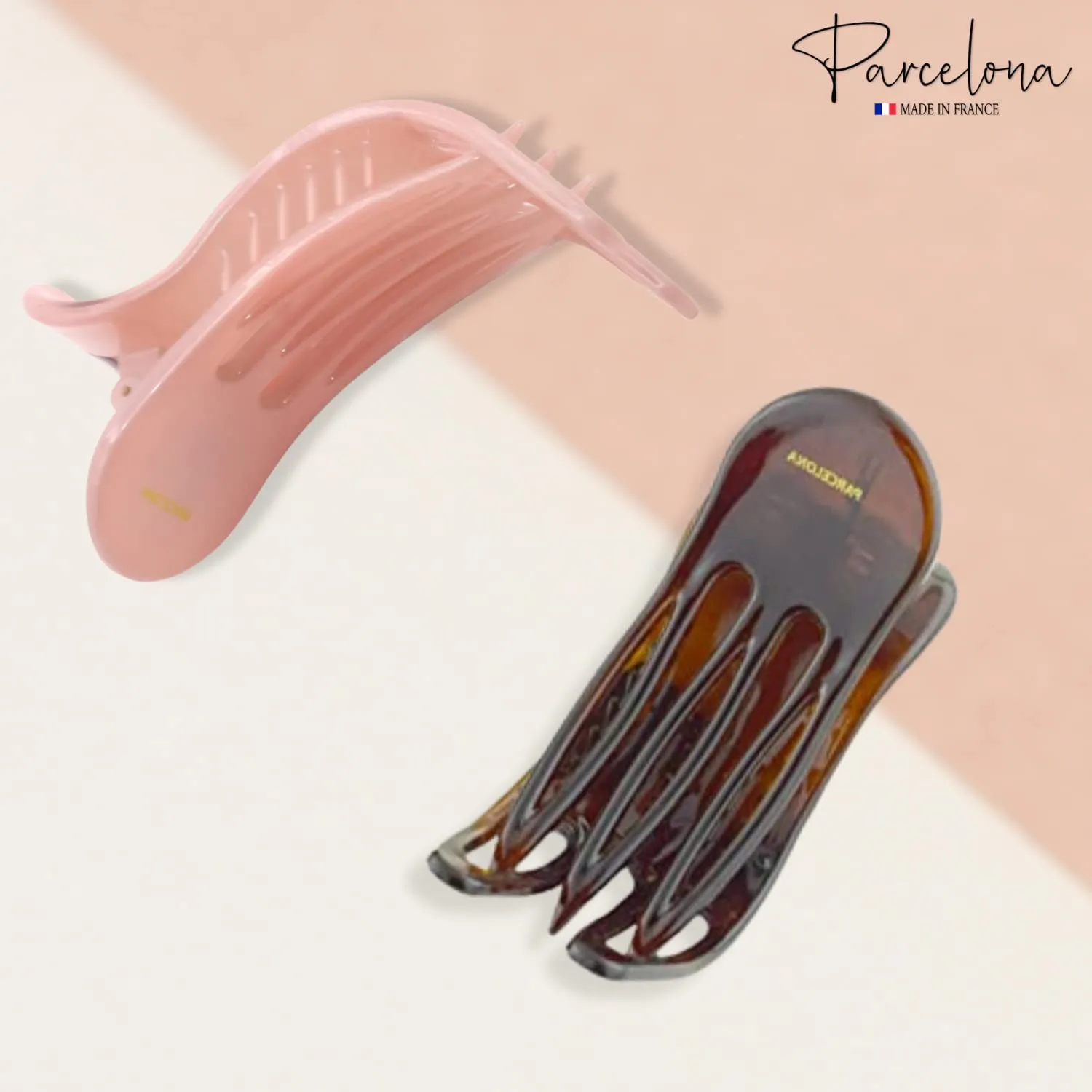 Parcelona French Simply Bear Paw Medium 3” Celluloid Acetate Set of 2 Side Slide In Jaw Yoga Fine Hair Claw Clip for Women and Girls (Blush Pink and Brown)
