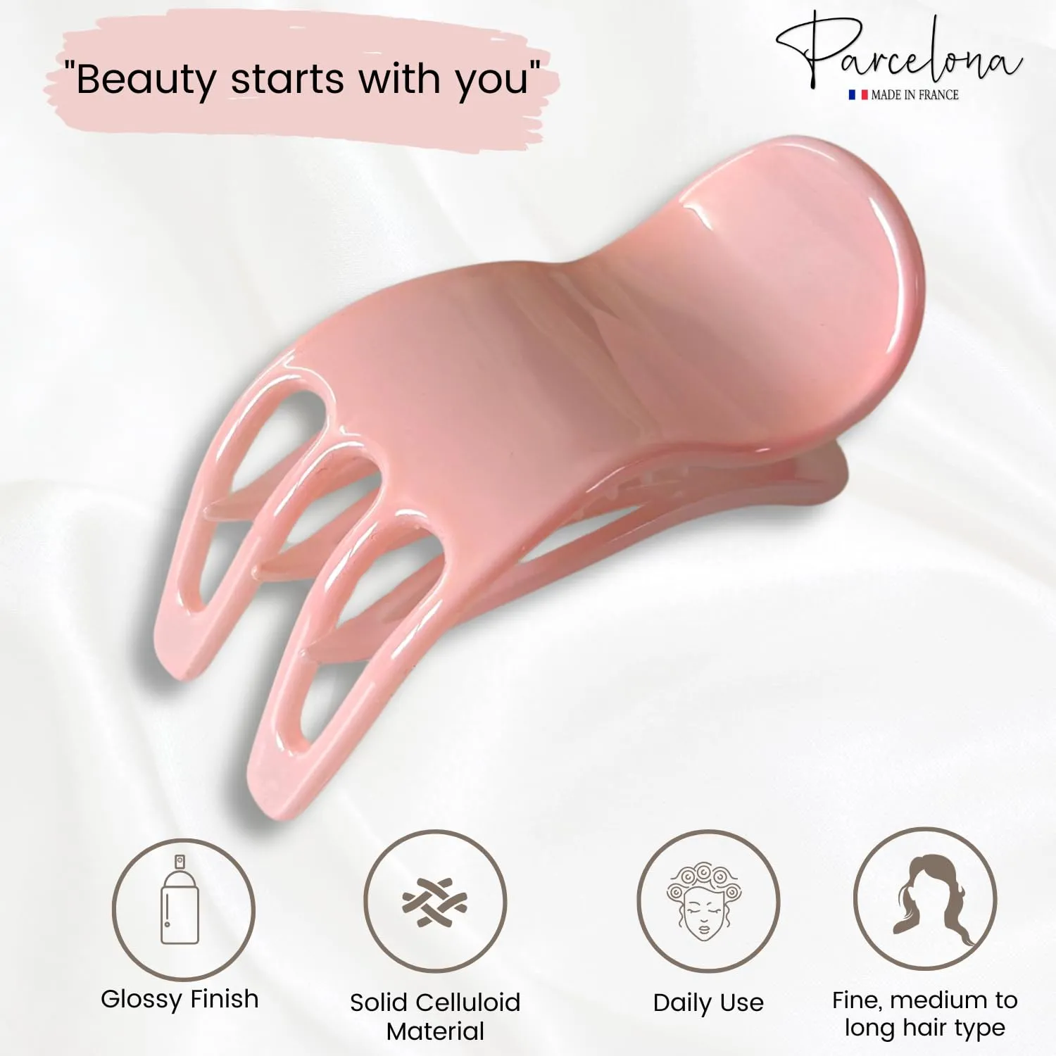Parcelona French Simply Bear Paw Medium 3” Celluloid Non Slip Side Slide In Jaw Yoga for Fine Hair Fashion Durable Styling Women Hair Accessories Claw Clip for Girls, Made in France (Blush Pink)