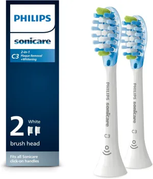 Philips Sonicare C3 2-in-1 Plaque Removal Whitening Brush Heads, Genuine Replacement Toothbrush Heads, White, 2 Pack, HX9042/65