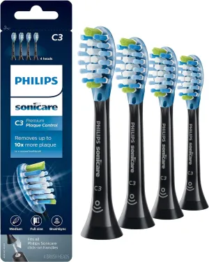 Philips Sonicare Genuine C3 Premium Plaque Control Replacement Toothbrush Heads, 4 Brush Heads, Black, HX9044/95
