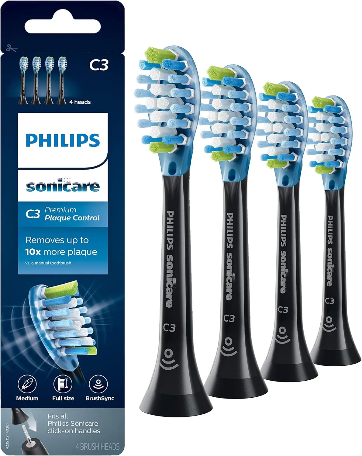 Philips Sonicare Genuine C3 Premium Plaque Control Replacement Toothbrush Heads, 4 Brush Heads, Black, HX9044/95