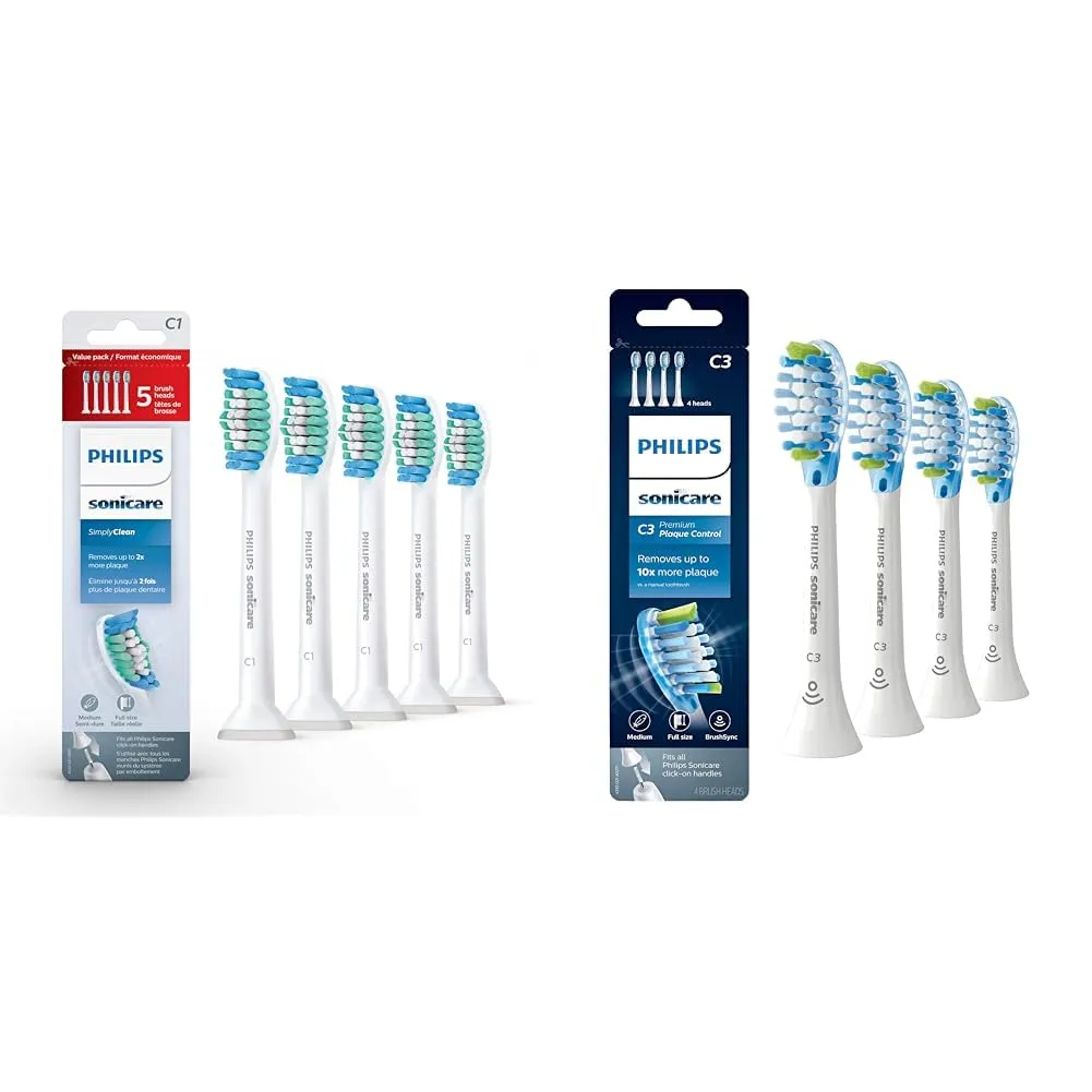 Philips Sonicare Genuine SimplyClean Replacement Toothbrush Heads, 5 Brush Heads, White, HX6015/03 & Genuine C3 Premium Plaque Control Toothbrush Heads, 4 Brush Heads, White, HX9044/65