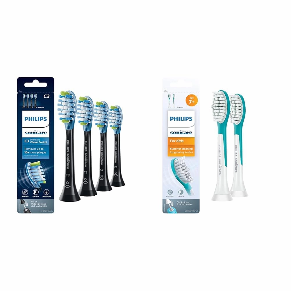 Philips Sonicare Genuine C3 Premium Plaque Control Replacement Toothbrush Heads, 4 Brush Heads & for Kids 7  Genuine Replacement Toothbrush Heads, 2 Brush Heads