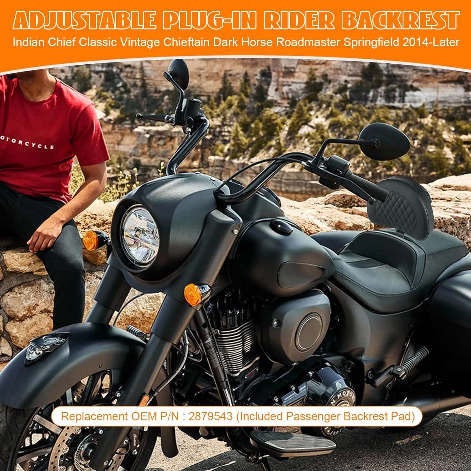 Plug-In Driver Rider Backrest for Indian Adjustable Motorcycle Front Back Rest Pad Mounting Kit Fit Chief Chieftain Roadmaster Springfield 2014-2025 Replace OEM P/N : 2879543