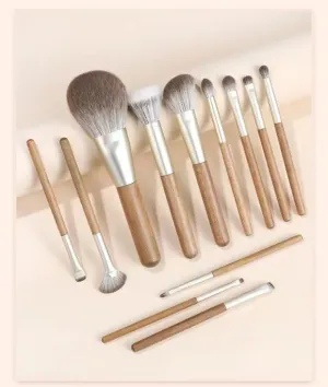 Professional Makeup Brush Set, 12 Piece Wooden Handle Collection, Powder Contour Eye Lip Brushes