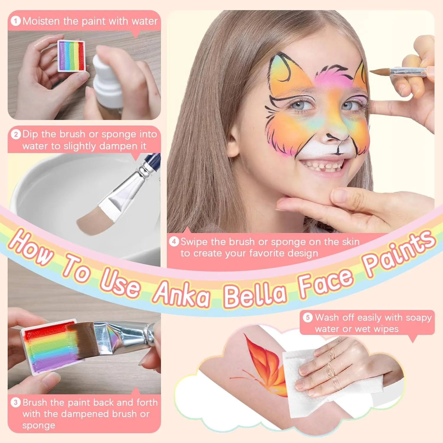 Professional Washable Face Paint(32gm),Water Based Face Painting Kit,Easy to Clean,Gift for Birthday Parties/Halloween/Carnival(Blue Rainbow set)