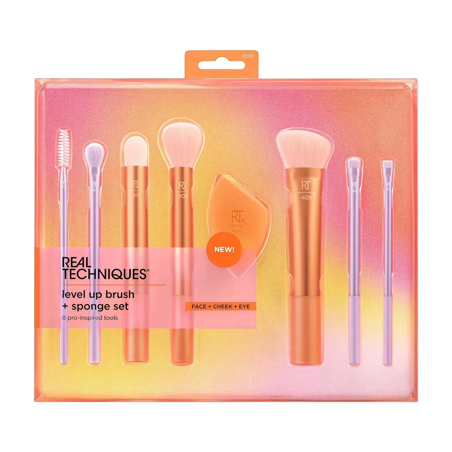 Real Techniques 8 Piece Level Up Brush And Sponge Set, Makeup Brushes For Eyeshadow, Foundation, Blush, & Bronzer, Makeup Blending Sponge, Synthetic Bristles, Stocking Stuffer, Cruelty-Free