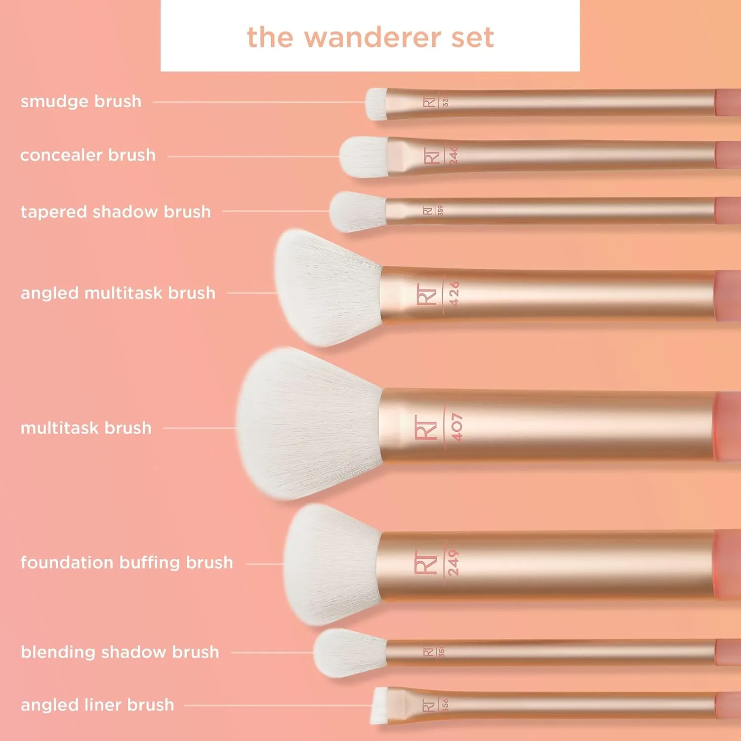 Real Techniques 9 Piece The Wanderer Makeup Brush Set, For Liquid, Cream, & Powder Eyeshadow, Foundation, Concealer, Blush, & Contour, Travel Midi-Size Brushes, Cruelty-Free, Synthetic Bristles