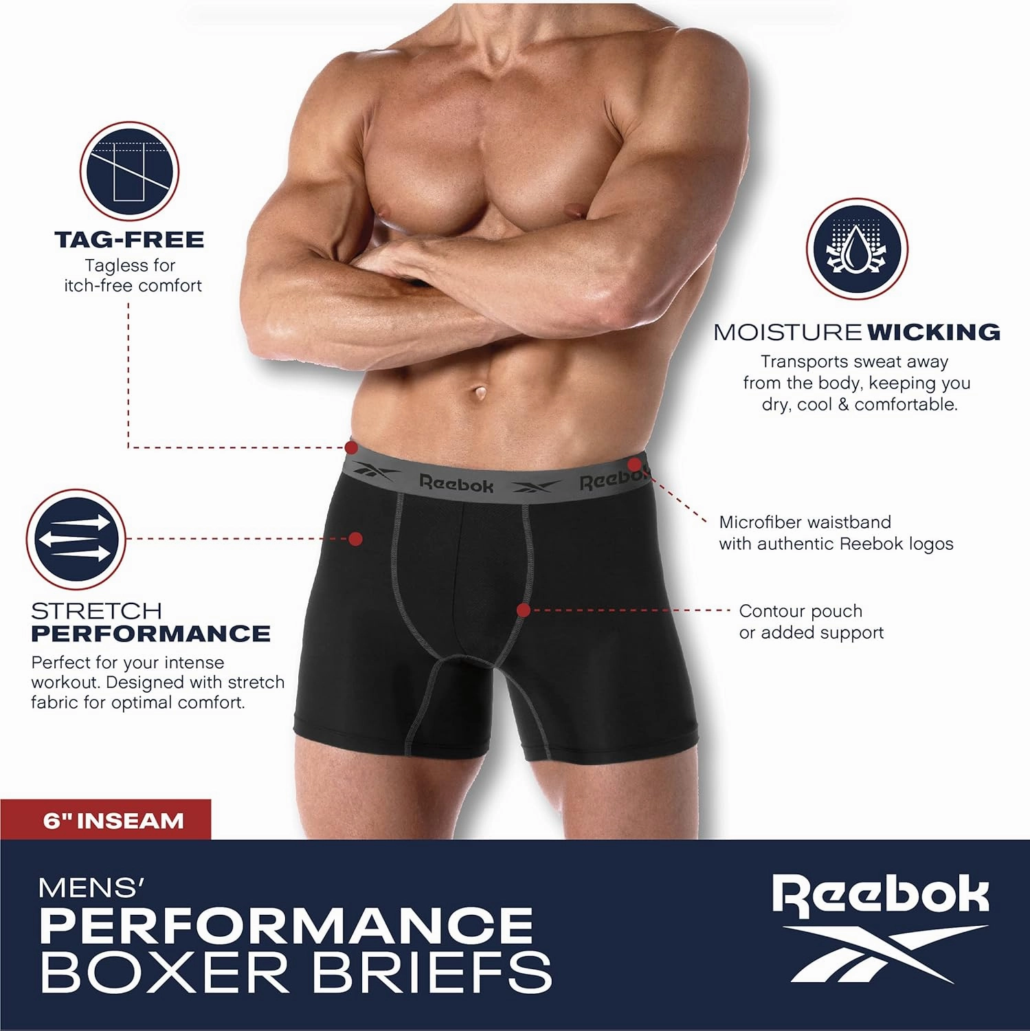 Reebok Mens Boxer Briefs - 3 Pack Stretch Moisture Wicking Mens Underwear with Contour Pouch Boxers for Men (Sizes: S-XL)
