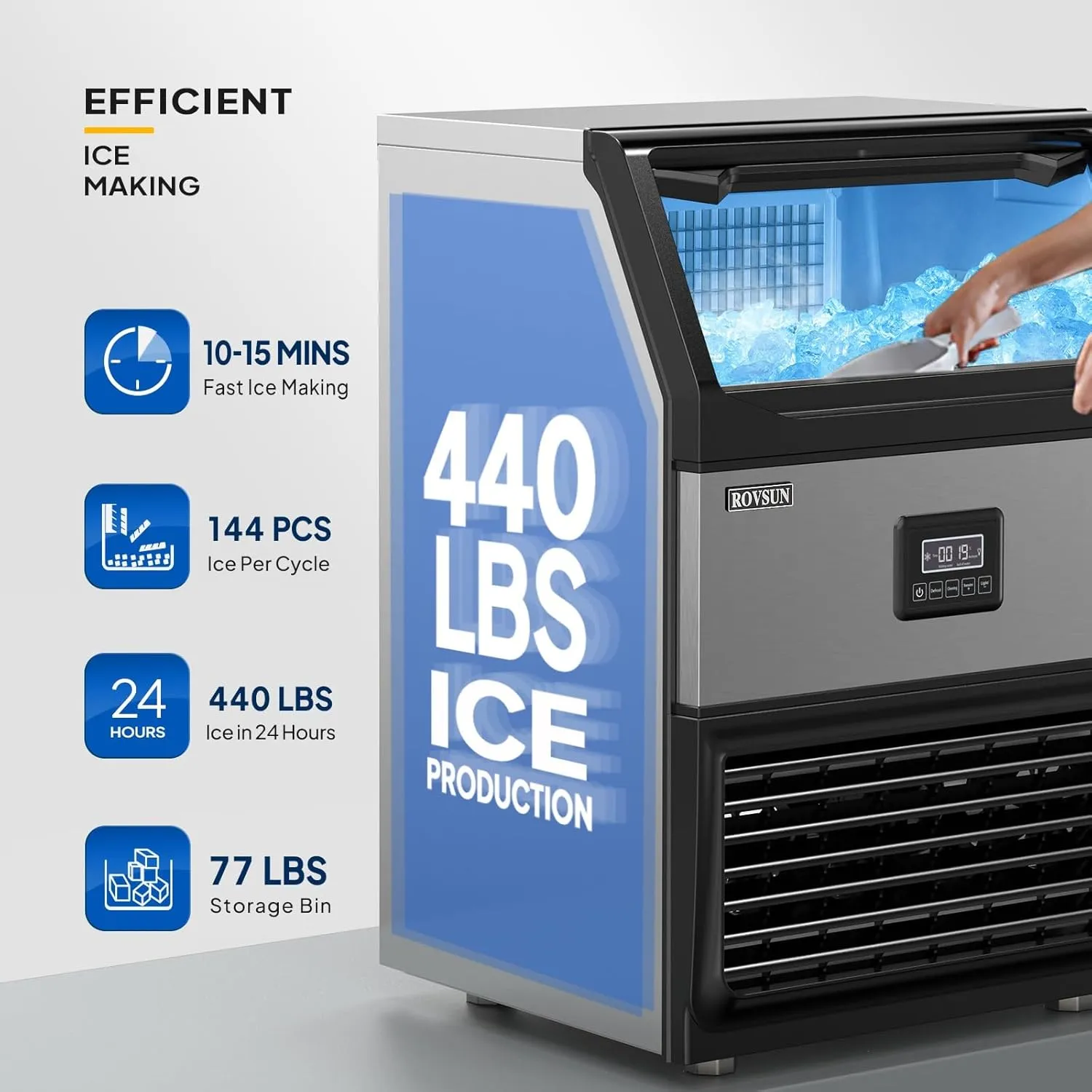 ROVSUN 440lbs/24h Commercial Ice Maker, Large Freestanding Ice Machine with 77lbs Storage Bin & LCD Control Panel for Restaurant Bar Cafe Home Office, Includes Connection Hoses & Scoop