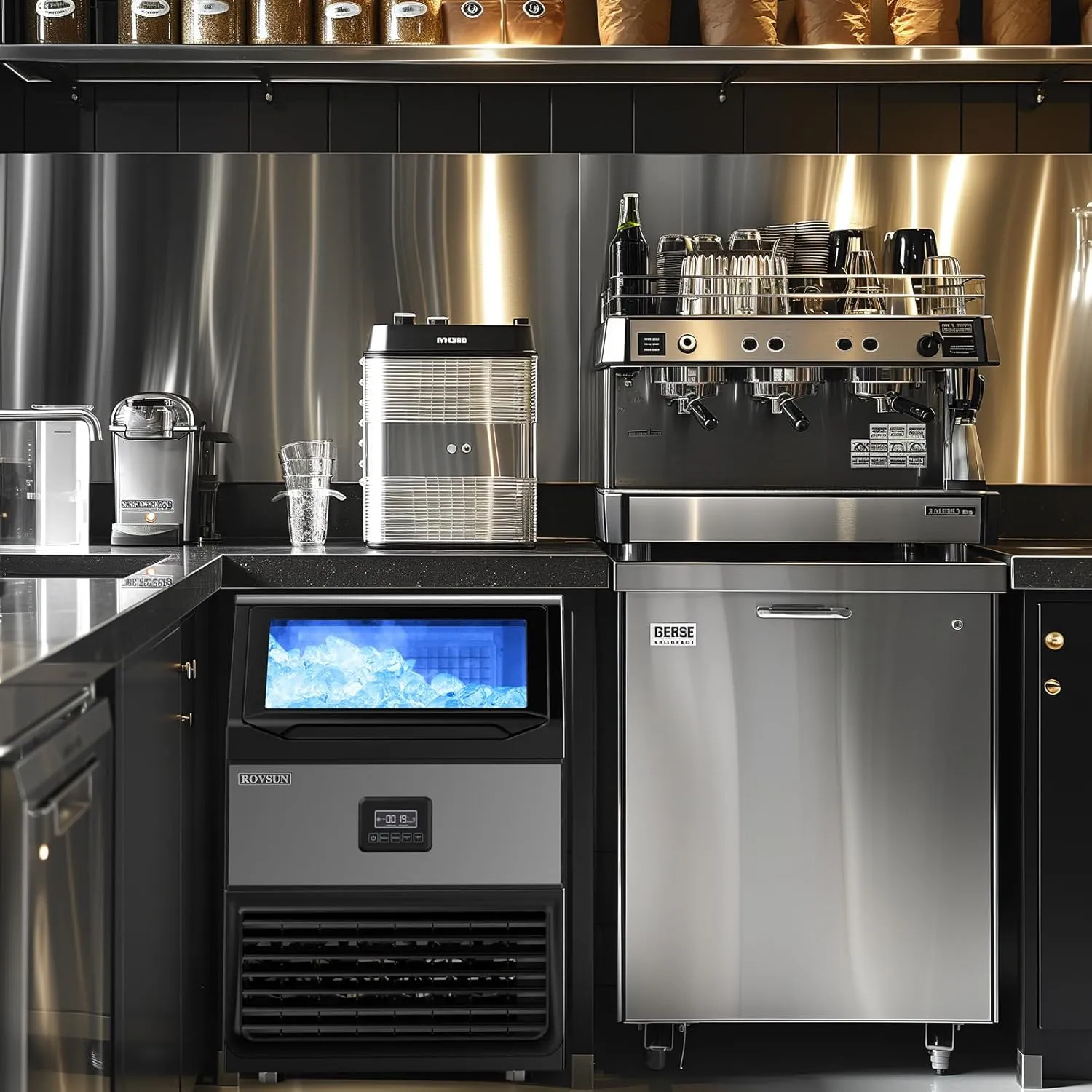 ROVSUN 440lbs/24h Commercial Ice Maker, Large Freestanding Ice Machine with 77lbs Storage Bin & LCD Control Panel for Restaurant Bar Cafe Home Office, Includes Connection Hoses & Scoop