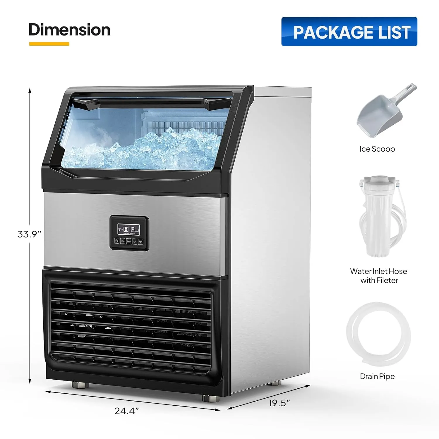 ROVSUN 440lbs/24h Commercial Ice Maker, Large Freestanding Ice Machine with 77lbs Storage Bin & LCD Control Panel for Restaurant Bar Cafe Home Office, Includes Connection Hoses & Scoop
