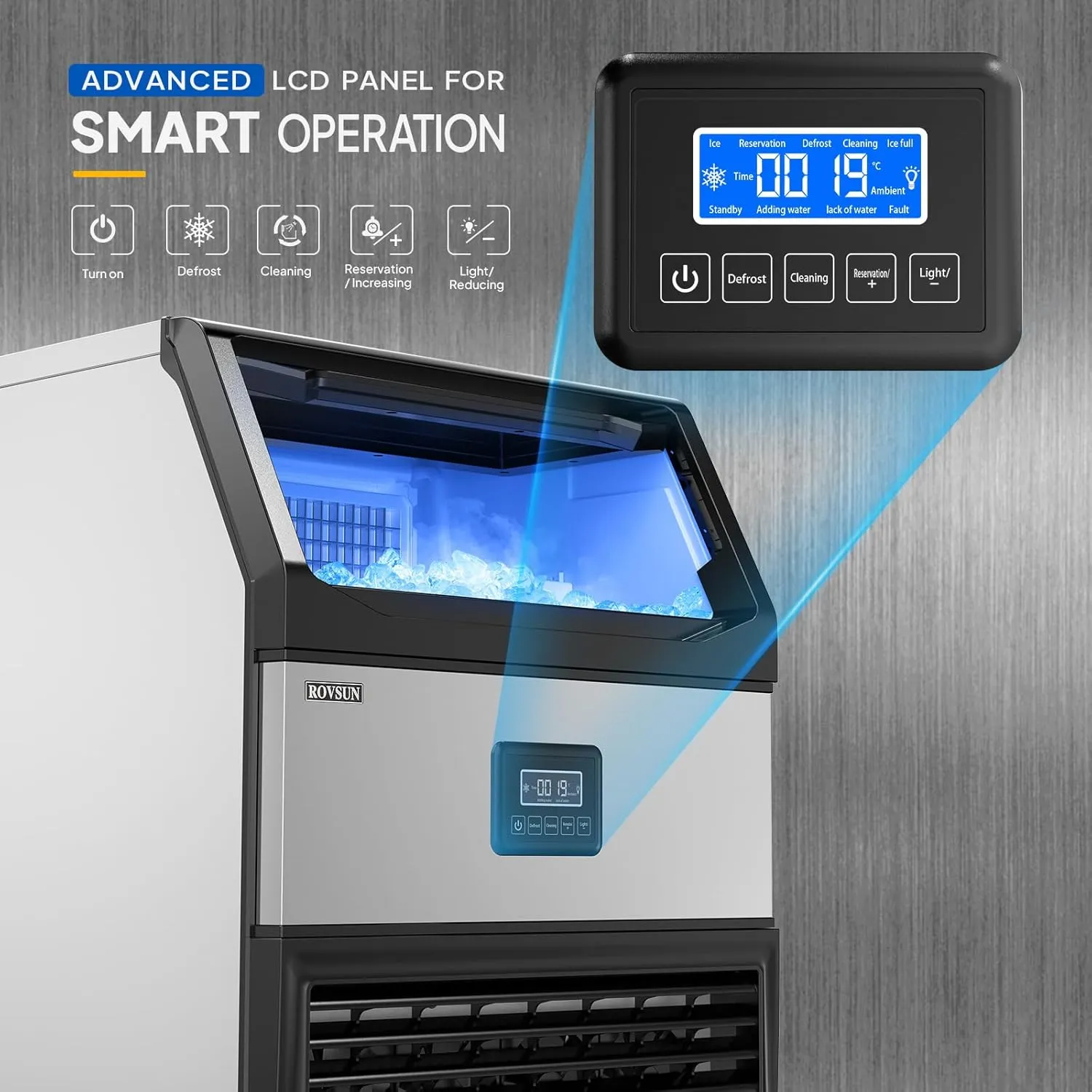 ROVSUN 440lbs/24h Commercial Ice Maker, Large Freestanding Ice Machine with 77lbs Storage Bin & LCD Control Panel for Restaurant Bar Cafe Home Office, Includes Connection Hoses & Scoop