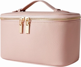 ROWNYEON Large Capacity Cosmetic Bags for Women, Waterproof Leather Portable Toiletry Bag, Hard Shell Brushes Makeup Organizer Travel Essentials Makeup Case With Handle and Divider (Pink)