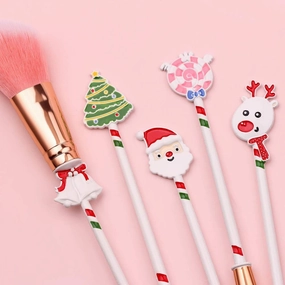 Santa Christmas Holiday Pink Makeup Brushes Set - Powder, Foundation, Blush, Bronzer, Eyeshadow, Brow - Contouring & Blending Face & Eye Makeup Tools Kit - Vegan Xmas Gift Bundle