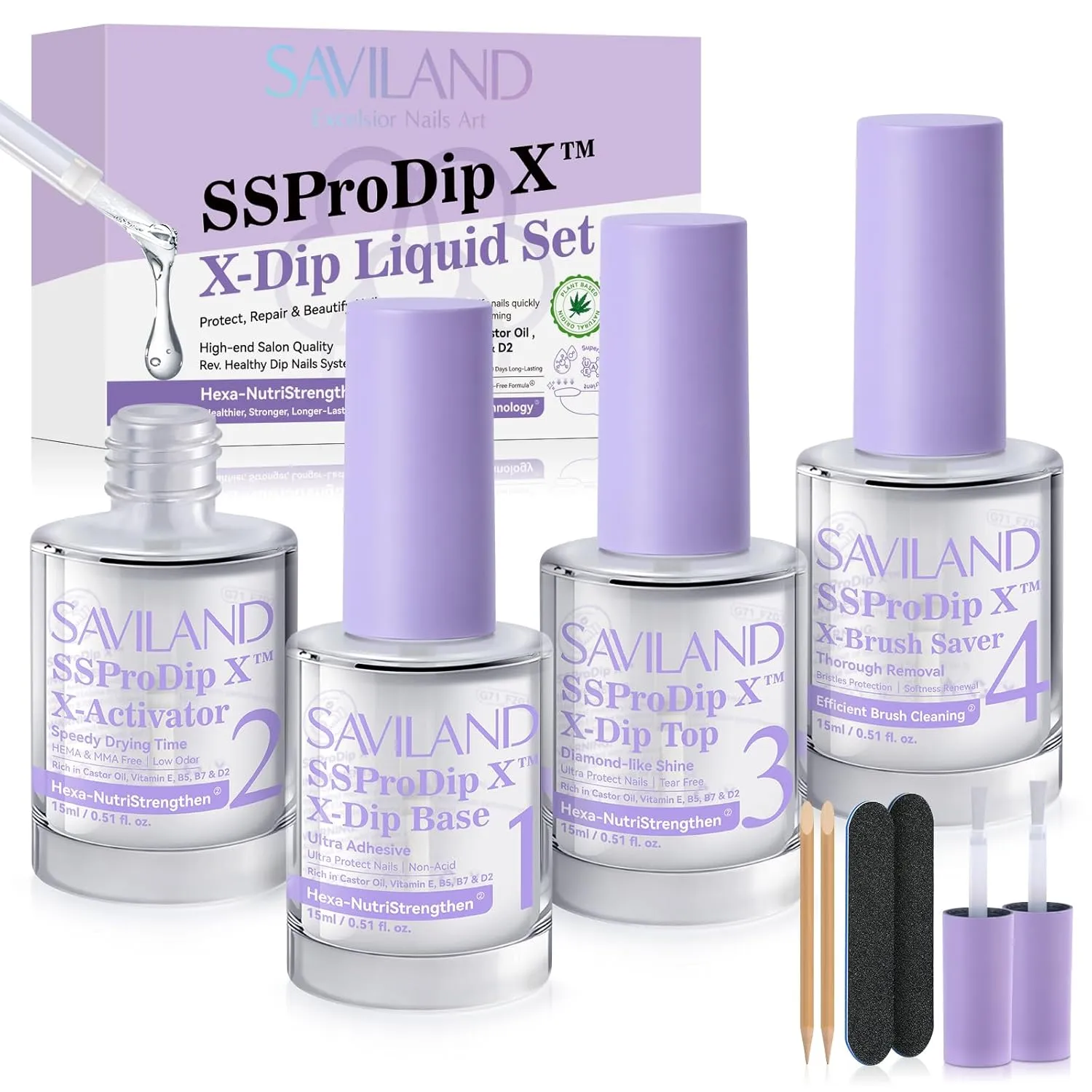 SAVILAND Dip Powder Liquid Set: 15 ml/0.5 Fl.oz Nail Dipping System Essentials for Beginners - Dip Base, Top, Activator, Brush Saver - Strengthen Nails DIY at Home, No Nail Lamp Needed